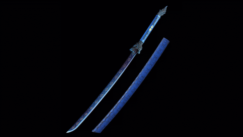 Katana Japonesa Hecha A Mano Con Hoja Azul Y Tsuba De Leopardo